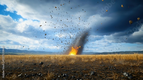 Quadro em tela Field with a large fire burning in the center surrounded by grass and vegetation