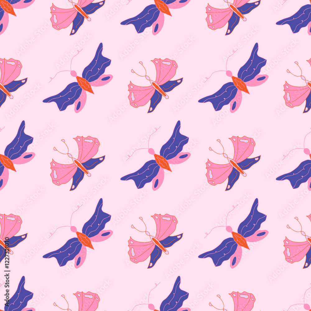 Obraz premium Cute seamless pattern with hand-drawn butterflies in dark blue and pink shades on a pastel pink background