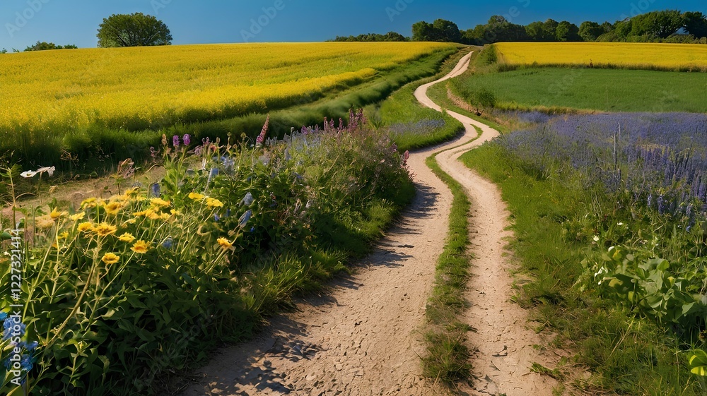 Fototapeta premium Winding Dirt Path Through Vibrant Wildflower Fields Under a Sunny Sky