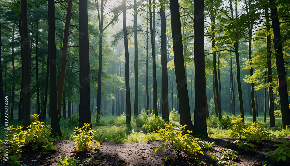 Obraz premium footpat between trees in green forest , with white tonespng