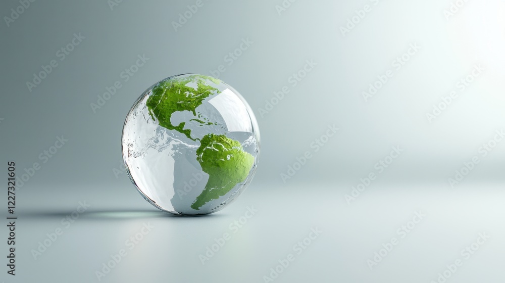 Glass globe with green continents on a light gray background Glass globe with green continents on a light gray background