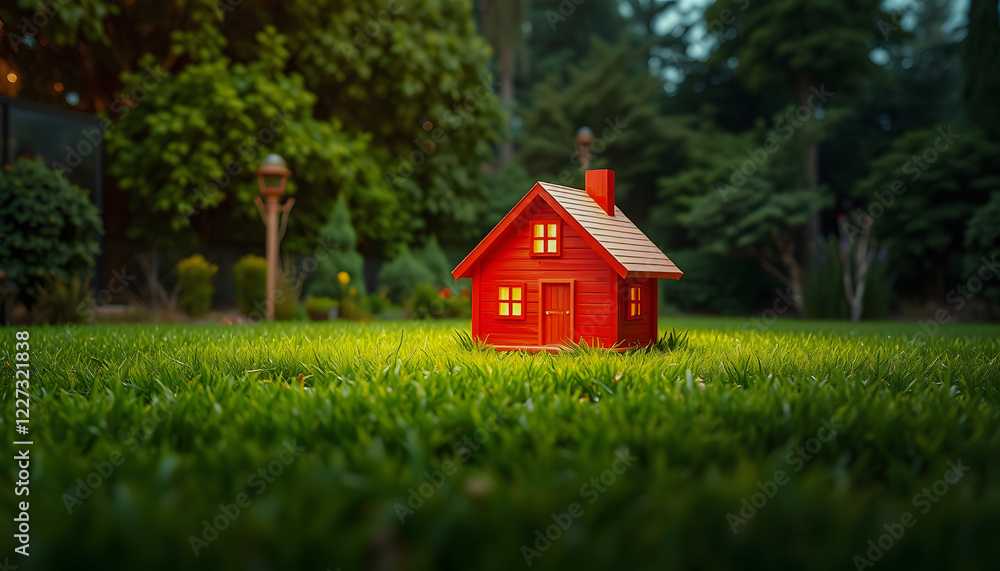 red wooden house model on the grass in garden , with white tonespng red wooden house model on the grass in garden , with white tonespng