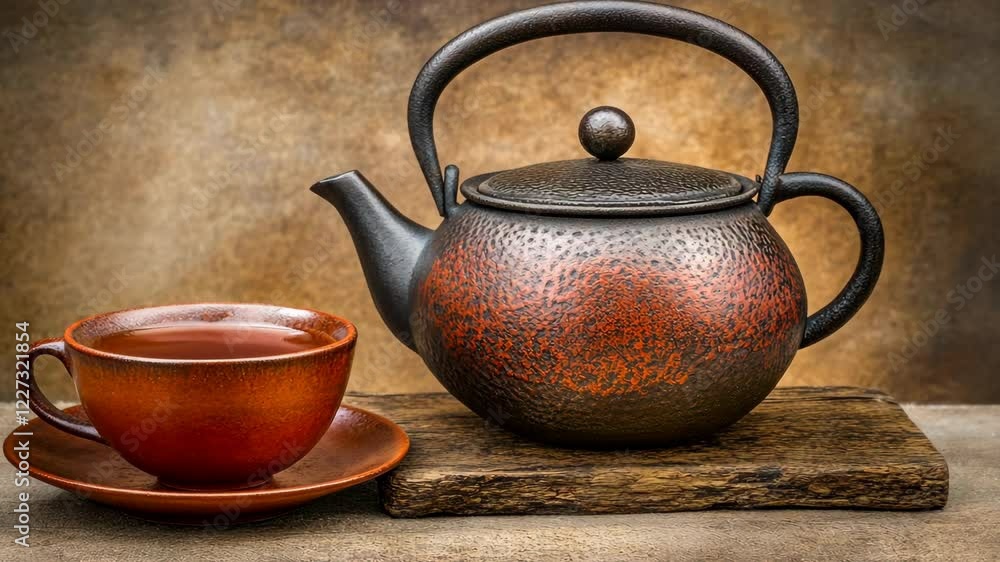 Elegant teapot and cup set on rustic wooden board with warm background Elegant teapot and cup set on rustic wooden board with warm background