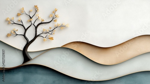 Abstract tree on wavy, layered background with neutral tones
