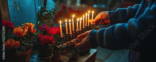 A person lighting a Hanukkah menorah, adding candles for each night photo