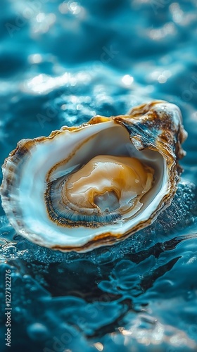 HD Phone Wallpaper Fresh Oyster Shell on Vibrant Teal Water Surface Close Up Detail