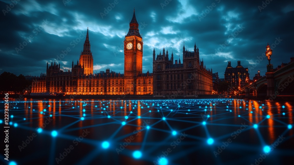 Fototapeta premium UK Parliament Building With Digital Network Overlay, Connectivity And Technology Concept