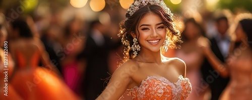 A quinceanera with a young woman in a stunning gown, dancing with family