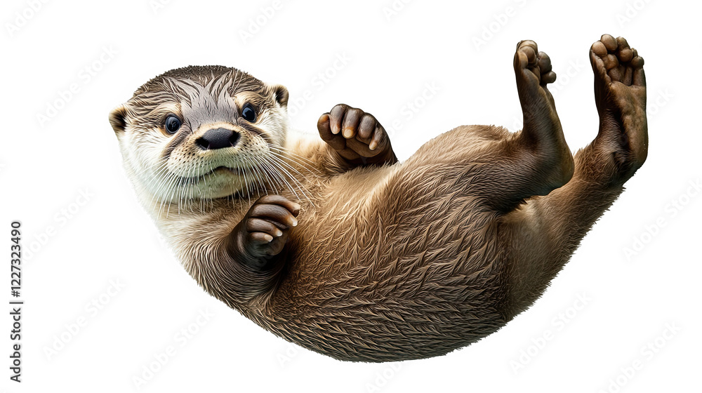 Obraz premium Adorable otter floating on its back in a playful pose against a white isolated background.