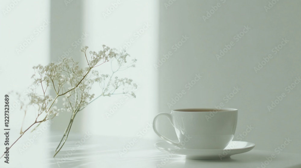 Fototapeta premium A minimalistic still life with white flowers and a cup of coffee under soft light