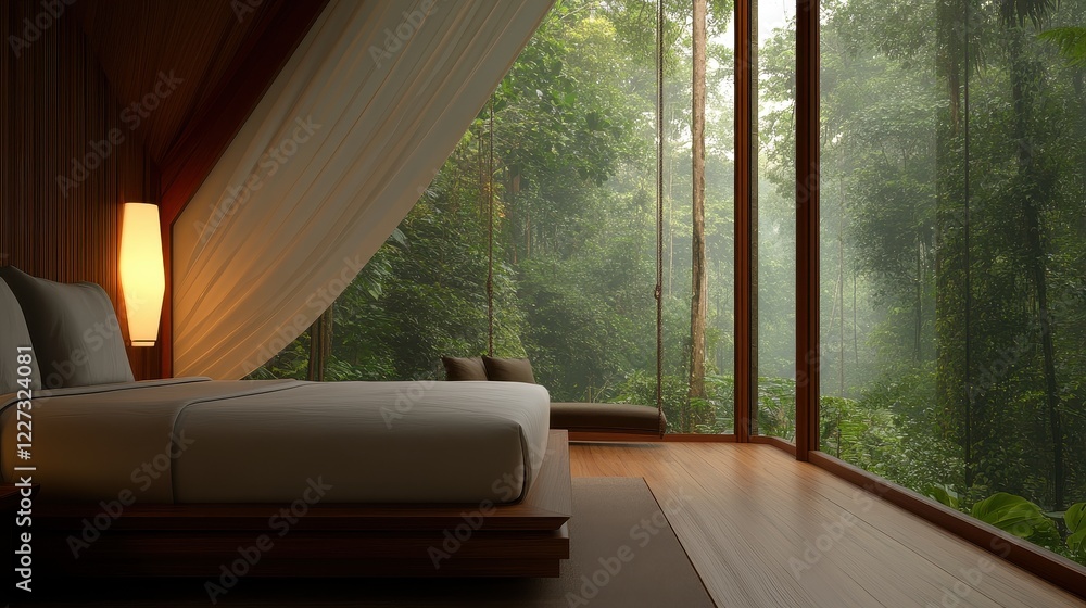 Fototapeta premium A serene bedroom with large windows overlooking a lush forest, blending nature with modern design for a tranquil retreat.