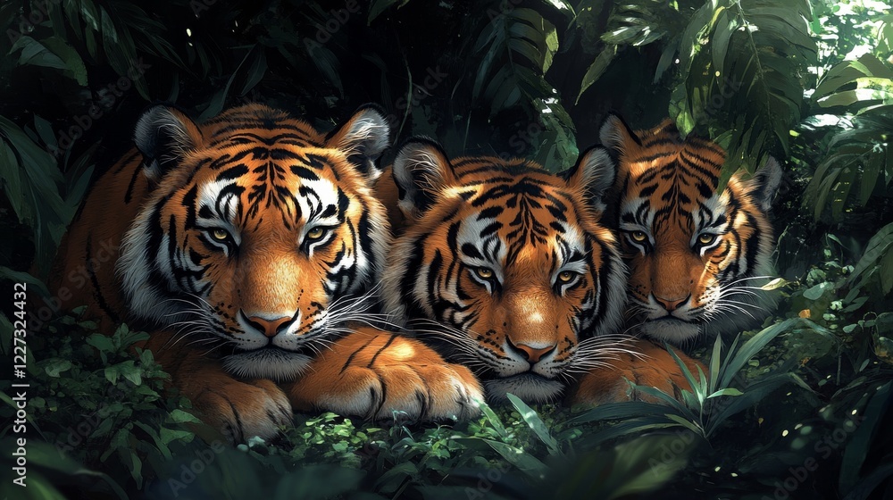 Fototapeta premium A Trio of Tigers: A Majestic Family Portrait in the Heart of the Jungle's Embrace