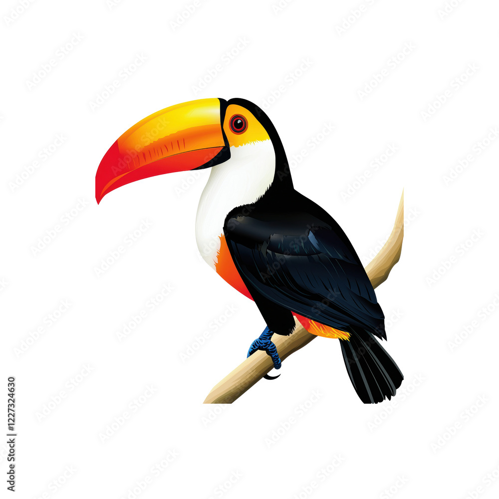 Naklejka premium Colorful Toucan Bird Sitting on Branch in Tropical Jungle Setting isolated on transparent background