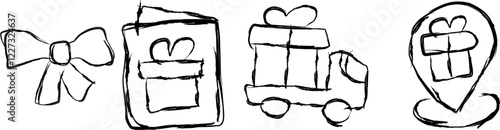 set of gift boxes in Doodle style. hand drawn heart shaped box and gift bag. Hand drawn presenting collection. Graphic design element for advertising, flyer, poster, web shop sale