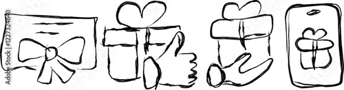 set of gift boxes in Doodle style. hand drawn heart shaped box and gift bag. Hand drawn presenting collection. Graphic design element for advertising, flyer, poster, web shop sale