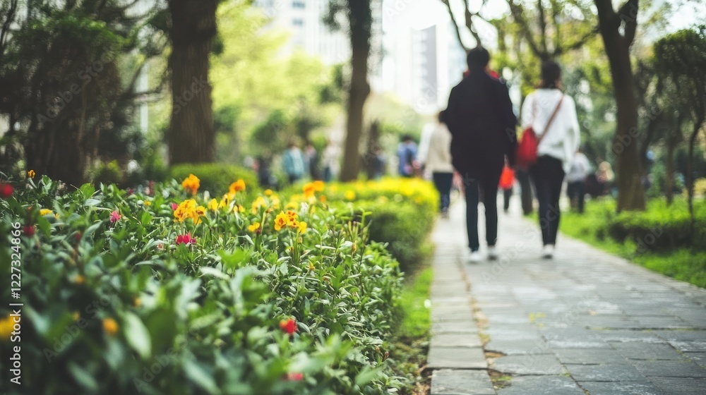 Obraz premium Couple strolling park path, flowers in foreground, blurred city background.