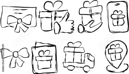 set of gift boxes in Doodle style. hand drawn heart shaped box and gift bag. Hand drawn presenting collection. Graphic design element for advertising, flyer, poster, web shop sale