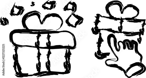 set of gift boxes in Doodle style. hand drawn heart shaped box and gift bag. Hand drawn presenting collection. Graphic design element for advertising, flyer, poster, web shop sale