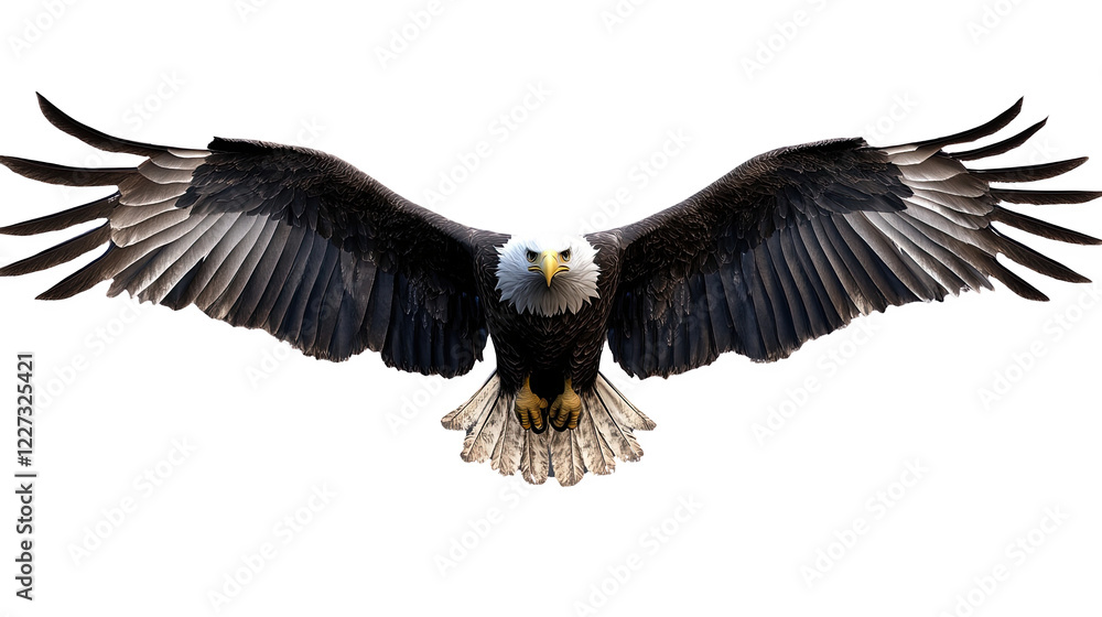 Fototapeta premium Bald eagle soaring with wings spread wide, isolated on white background.
