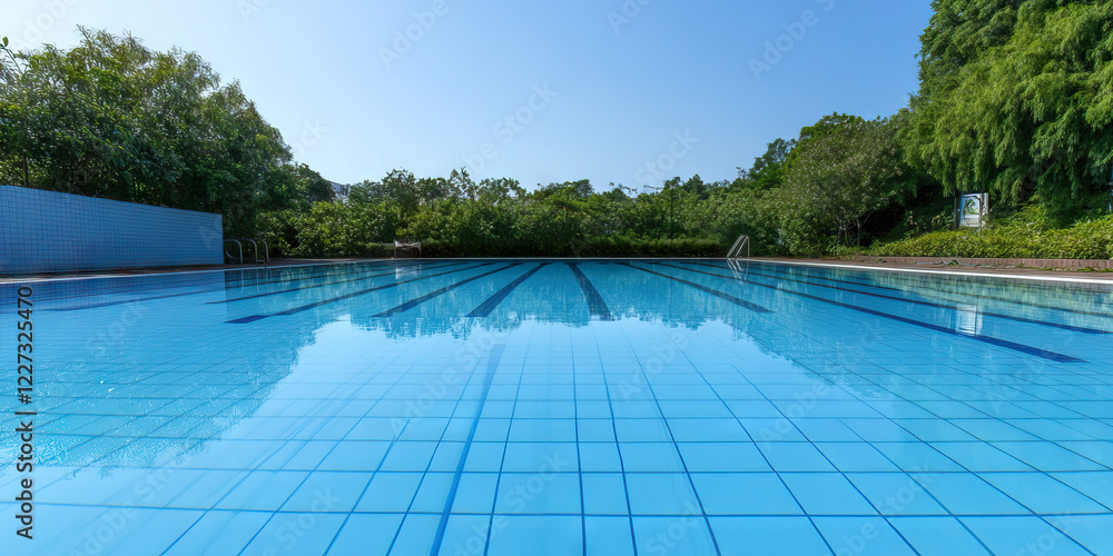 Obraz premium Outdoor Swimming Pool with Eight Lanes and Greenery