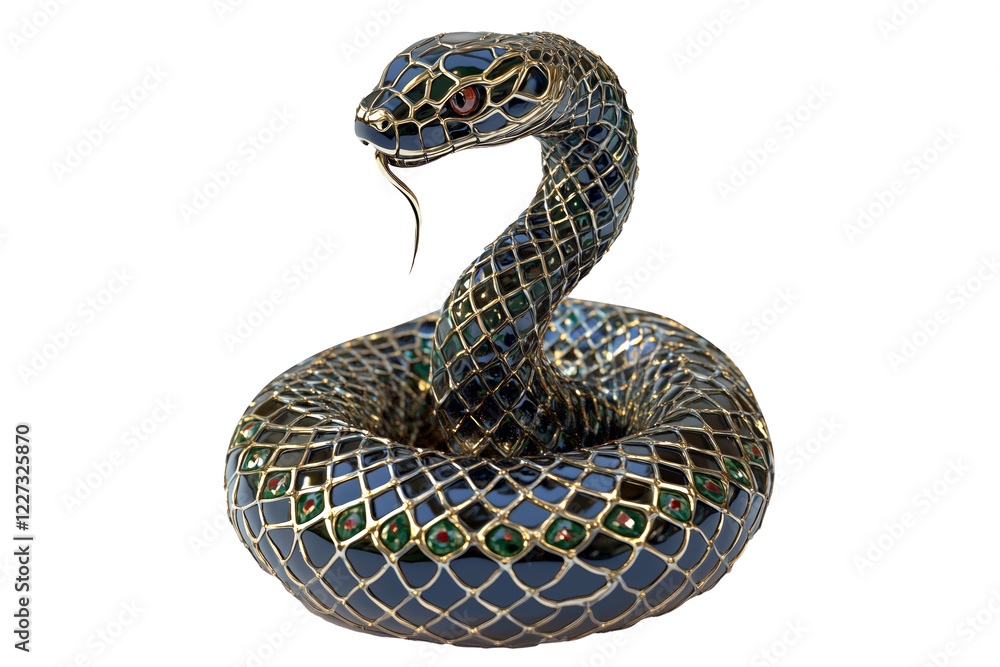 Fototapeta premium Elegant emerald snake sculpture with mosaic patterns and blue gemstones isolated on white transparent background, reptiles or wildlife, symbolizing Chinese Lunar New year