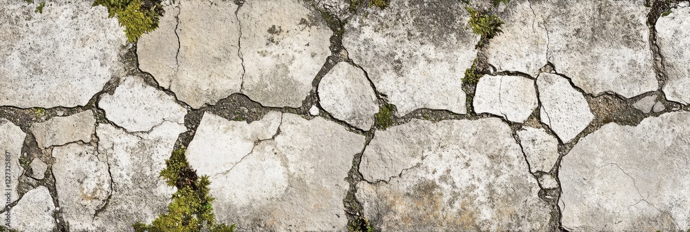 Obraz premium Rustic weathered stone wall with cracks and mossy texture for background use