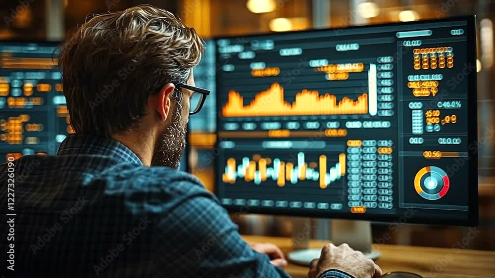 Man Analyzing Data on Multiple Monitors in Modern Office Man Analyzing Data on Multiple Monitors in Modern Office