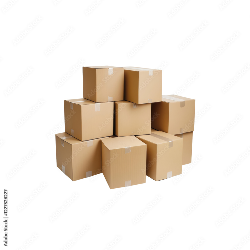 Piled Cardboard Boxes in an Organized Warehouse Display Setting isolated on transparent background Piled Cardboard Boxes in an Organized Warehouse Display Setting isolated on transparent background