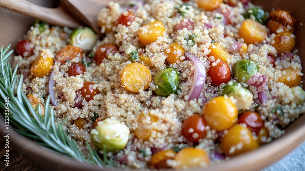 Roasted vegetables and quinoa salad in a wooden bowl. Roasted vegetables and quinoa salad in a wooden bowl.
