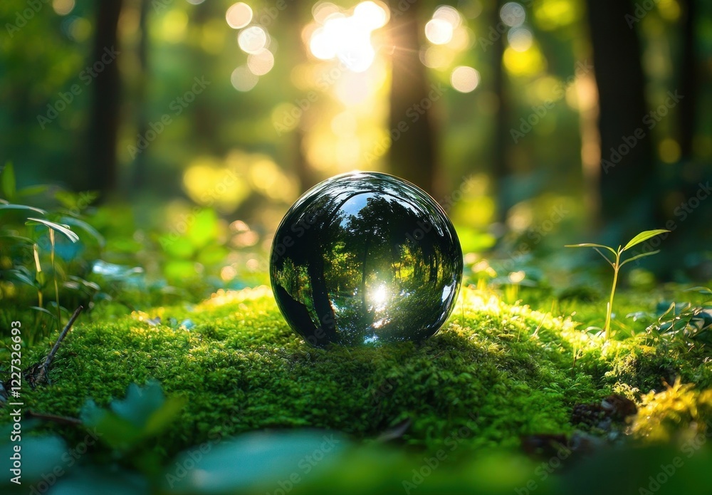 Glass Globe on Green Moss in Forest Sunlight - Environmental Conservation and Ecology Concept Glass Globe on Green Moss in Forest Sunlight - Environmental Conservation and Ecology Concept