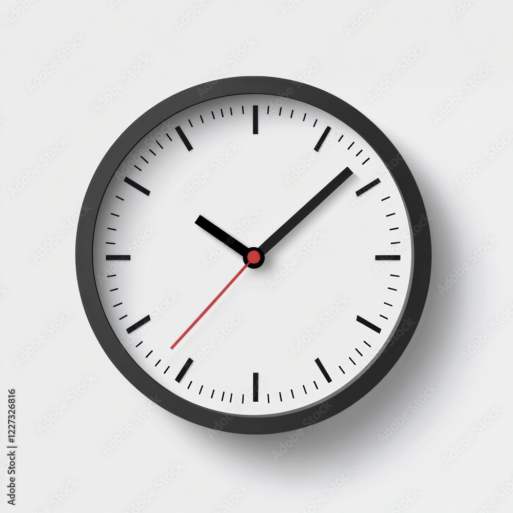 Modern wall clock showing time with black and red hands and a minimalist design against a light background. Generative AI Modern wall clock showing time with black and red hands and a minimalist design against a light background. Generative AI