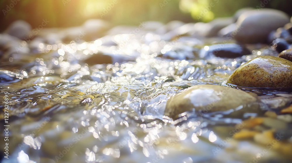 Serene river flowing over smooth stones in a lush forest, with sunlight filtering through leaves