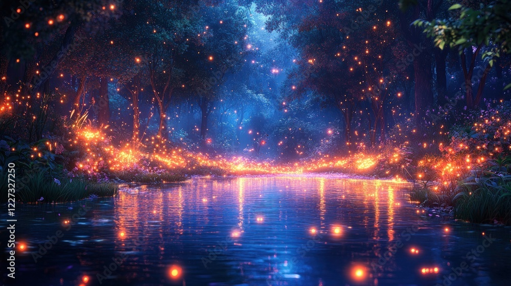 Naklejka premium Enchanting Glow of Fireflies Illuminating a Tranquil River in a Mystical Forest at Twilight