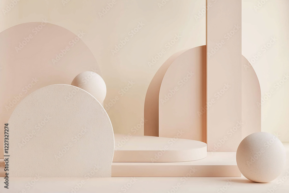 Fototapeta premium Abstract composition of soft pink geometric shapes creating a serene environment with subtle textures