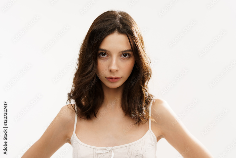 Young brunette woman in a white light top posing against a white background, expressing emotions and touching her face with her hands. Minimalistic and natural beauty concept Young brunette woman in a white light top posing against a white background, expressing emotions and touching her face with her hands. Minimalistic and natural beauty concept