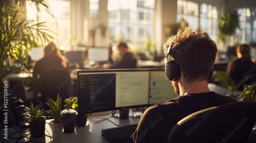 Programmer working at modern office with colleagues in background. Programmer working at modern office with colleagues in background.