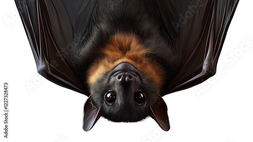 Close-up of a bat hanging upside down, showcasing its delicate features and fur details against a white background. photo