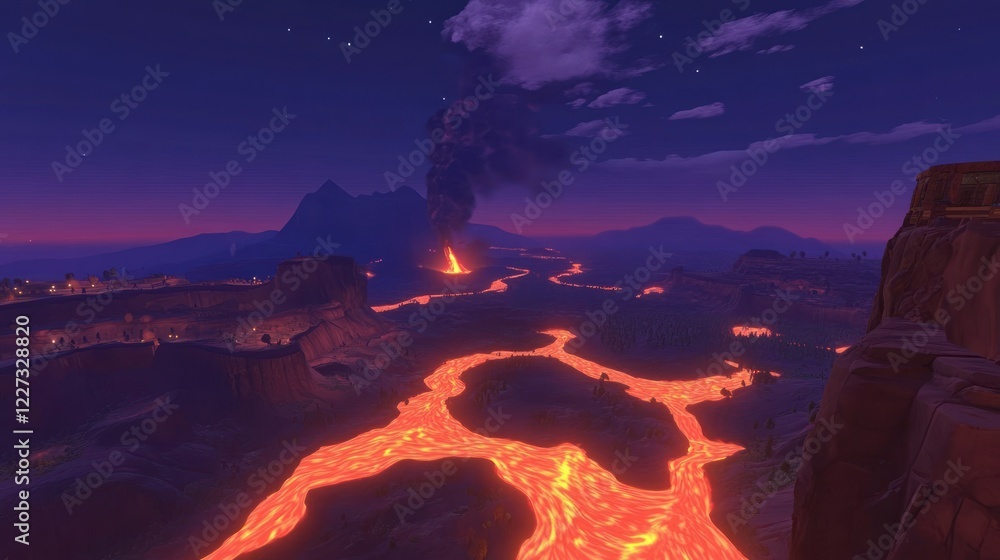 Fototapeta premium Volcanic eruption at dusk, fiery lava flows through landscape.