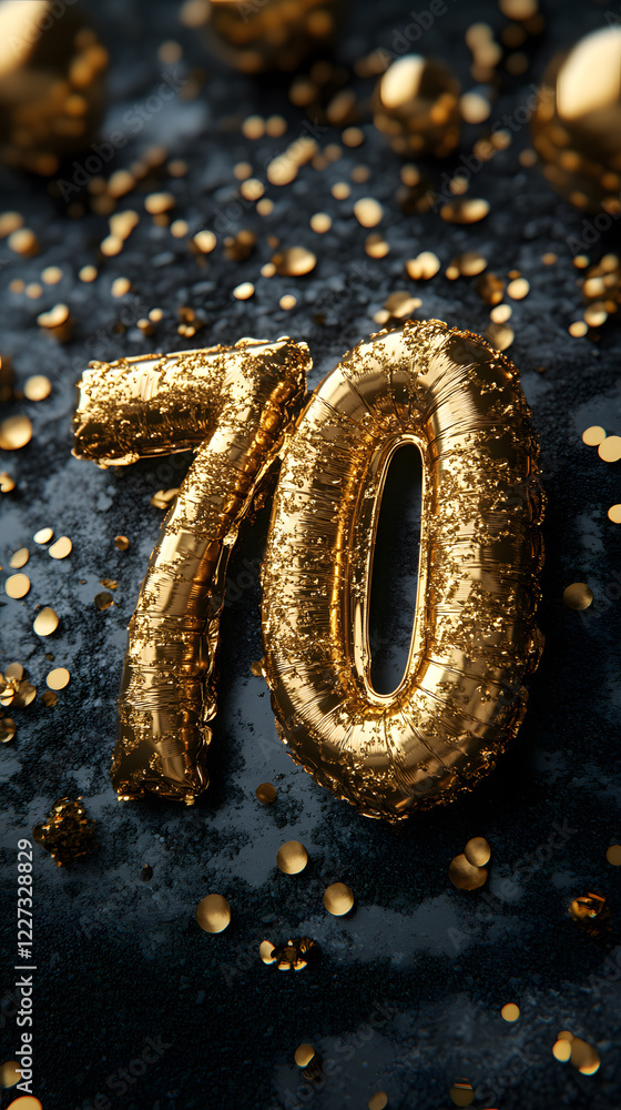 70th Birthday Celebration Concept with Balloons, Cake, and Number 70 70th Birthday Celebration Concept with Balloons, Cake, and Number 70