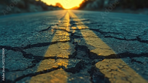 Fototapeta Naklejka Na Ścianę i Meble -  A close-up of two yellow lines in the middle of a cracked asphalt road under soft evening light.