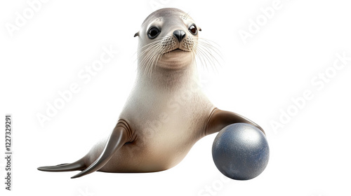 A playful seal balancing a ball, showcasing its agility and charm, isolated on a white background. photo