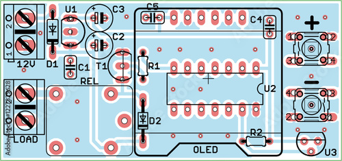 Vector printed circuit board of electronic device with components of radio elements, conductors and contact pads placed on pcb.  Engineering technical educational drawing. Computer technic cad design.