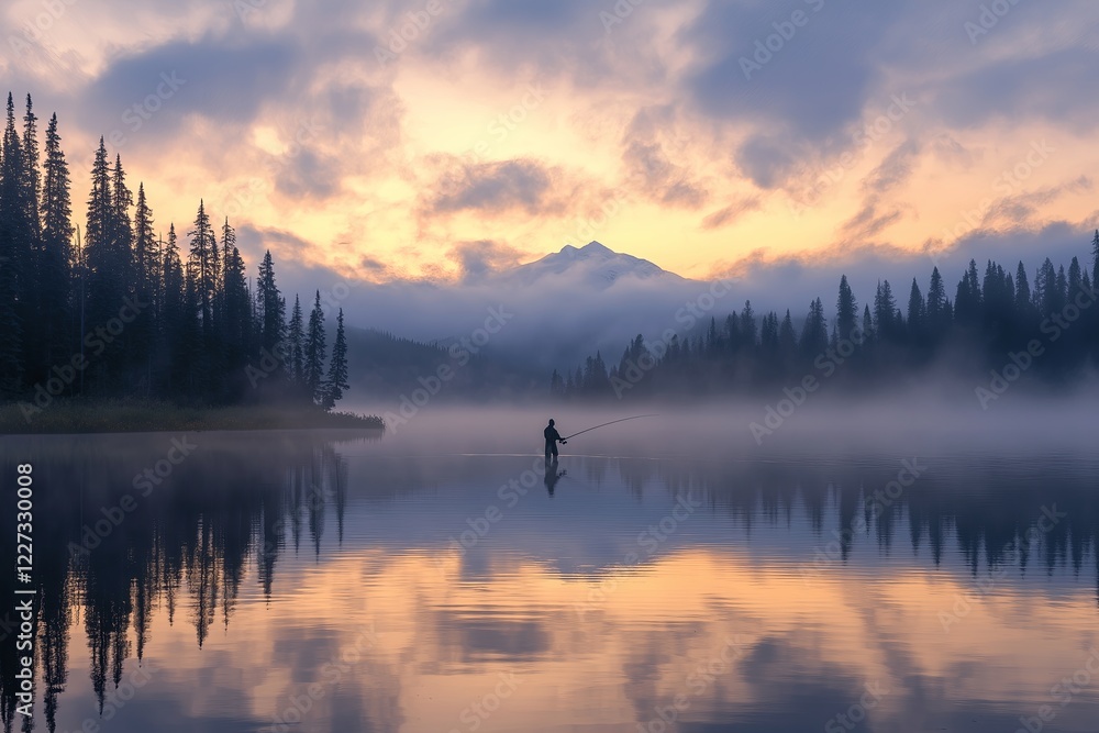 Fototapeta premium A lone fisherman in a vast, mirror-like lake at dawn