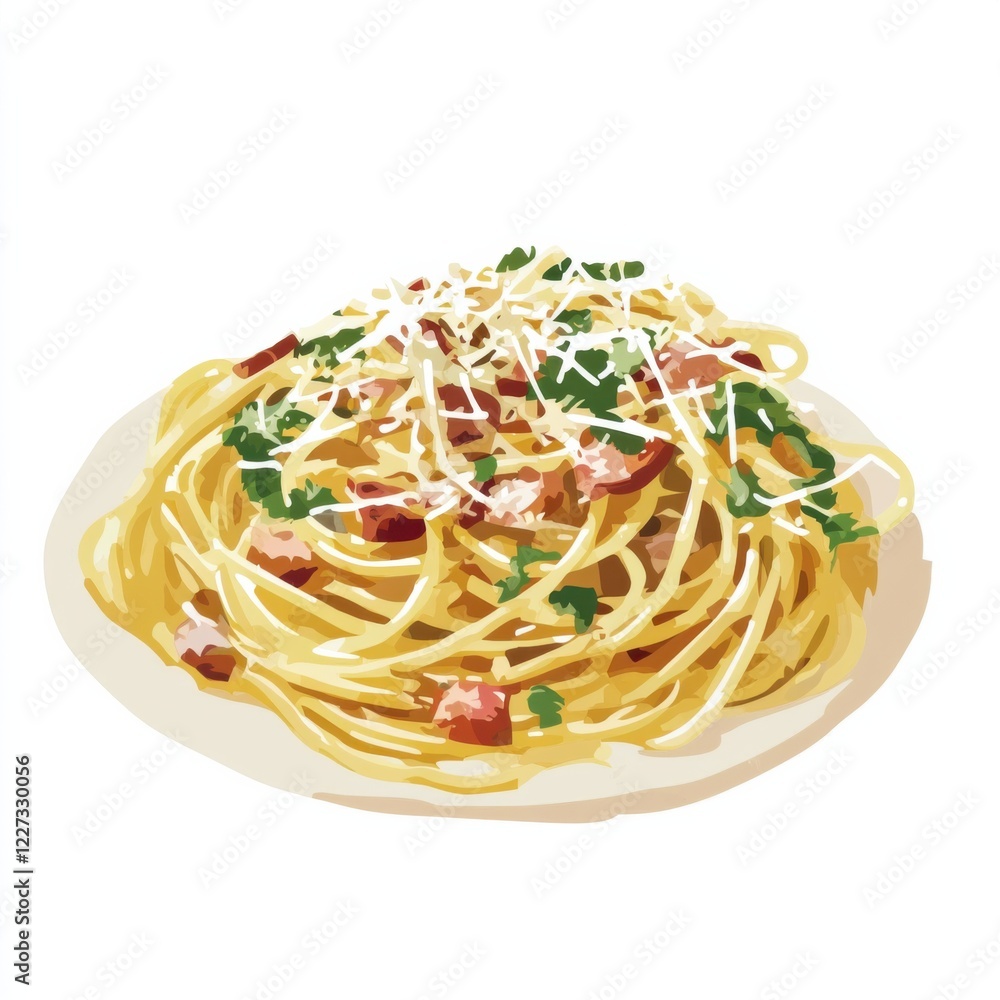 A traditional spaghetti carbonara with pancetta and Parmesan cheese, isolated white background, cubist art style A traditional spaghetti carbonara with pancetta and Parmesan cheese, isolated white background, cubist art style