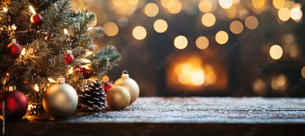 Cozy Christmas Scene with Illuminated Tree Decorations Fireplace and Glowing Lights Cozy Christmas Scene with Illuminated Tree Decorations Fireplace and Glowing Lights