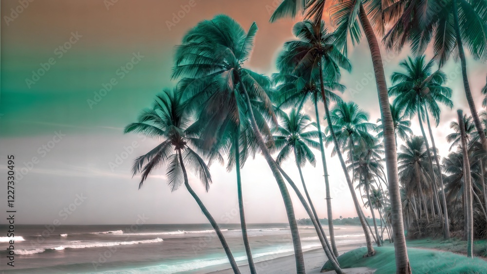 Surreal tropical beach with leaning palm trees, vibrant teal and orange tones, exotic coastline at sunset, dreamy paradise landscape, artistic nature scenery for travel and vacation themes Surreal tropical beach with leaning palm trees, vibrant teal and orange tones, exotic coastline at sunset, dreamy paradise landscape, artistic nature scenery for travel and vacation themes