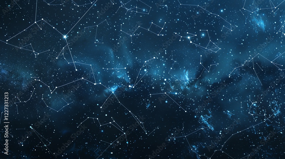 A starry night sky with constellations outlined in white against a dark blue background. A starry night sky with constellations outlined in white against a dark blue background.