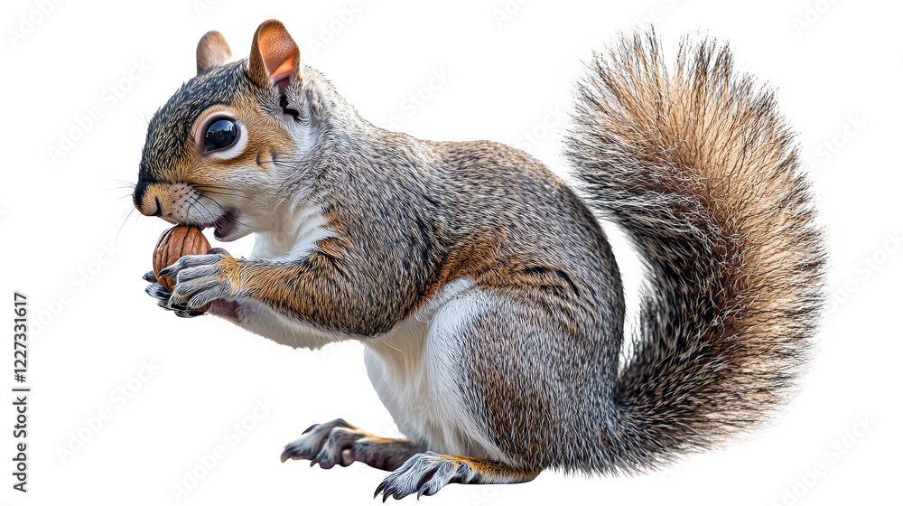 Obraz premium A squirrel eating an acorn, detailed fur and lively pose, white isolated background.