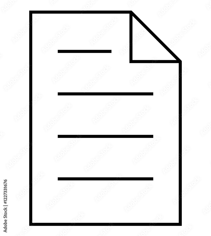 Minimalistic black line drawing of a document with a folded corner and three horizontal lines. Ideal for web design, document management, data entry, digital filing, office work, education, print Minimalistic black line drawing of a document with a folded corner and three horizontal lines. Ideal for web design, document management, data entry, digital filing, office work, education, print