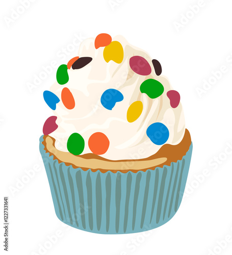 Blue Cupcake, muffin vector realistic illustration isolated on white background. Delicious dessert with whipped cream and colorful dragee topping.